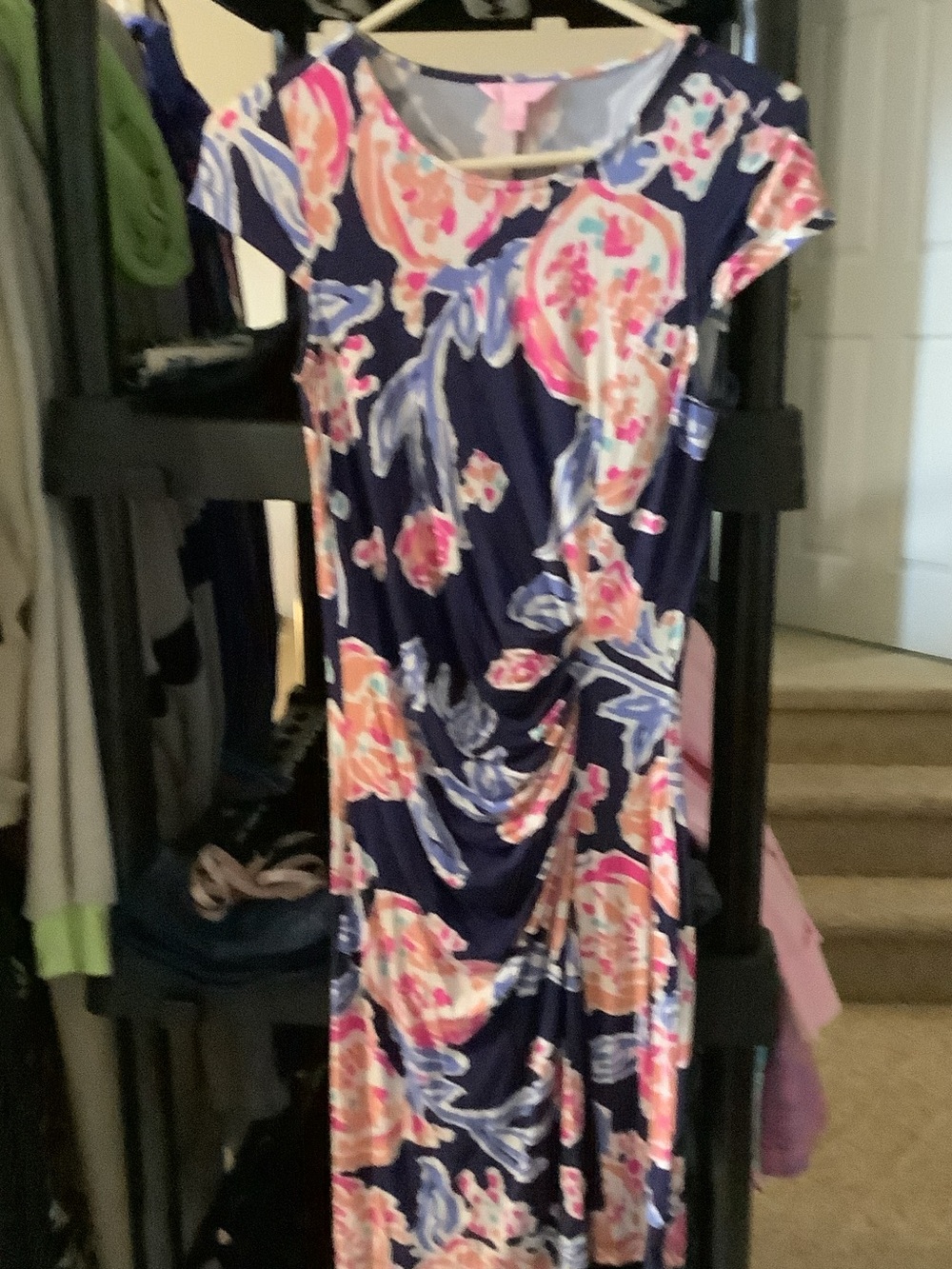 Lilly Pulitzer Navy Floral Ruched Midi Dress with Pink & Cream Blooms